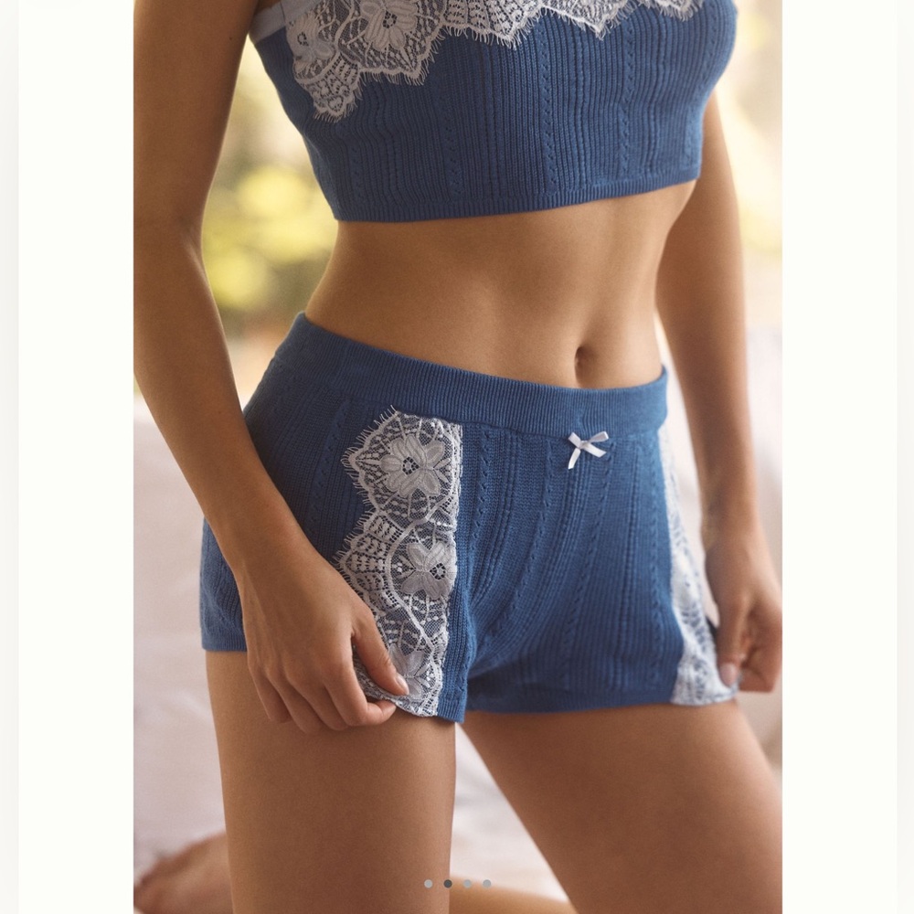 Anthropologie Pointelle Sweater Shorts LyreBird Lace Sleep New Medium Blue